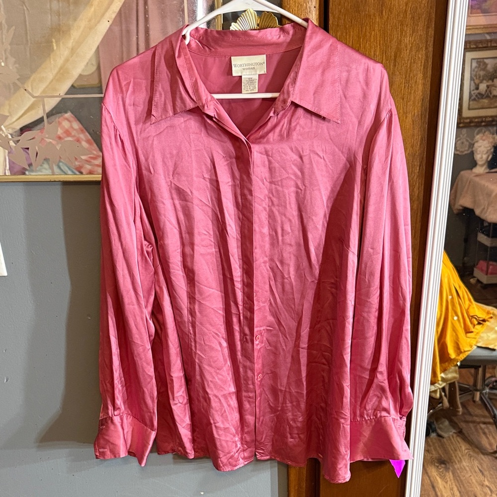 Worthington Pink Button-Down Satin Blouse